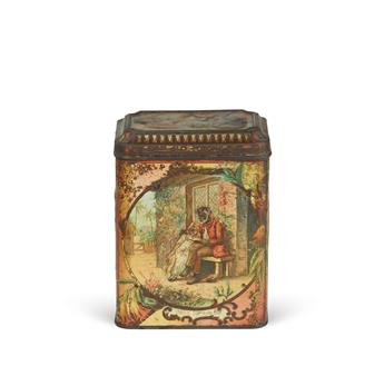 (SLAVERY AND ABOLITION.) Scottish biscuit tin decorated with scenes from Uncle Toms Cabin.